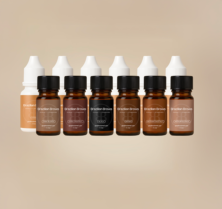 Brazilian Brows professional brow henna colour range in amber bottles